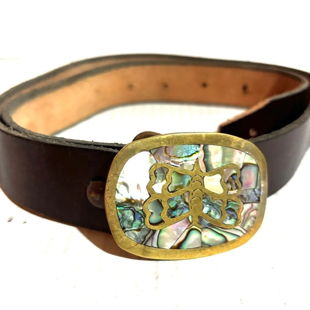 Vintage distressed Brown Leather Belt with Gold Buckle